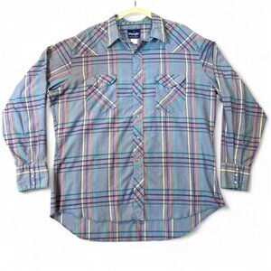 Vintage Wrangler Western Shirt XL Pastel Plaid Pearl Snap Cowboy Shirt Rodeo